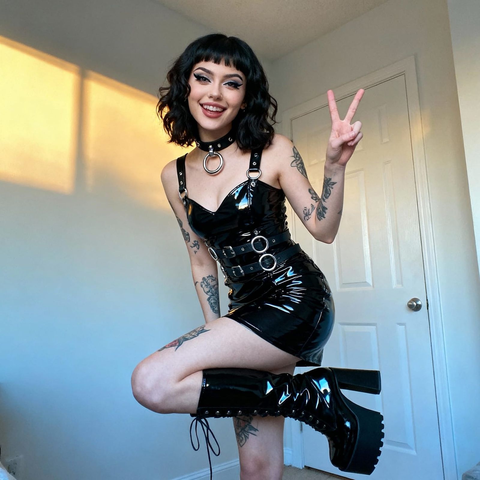 Gothic Fashion Model Poses in PVC Dress and Platform Boots