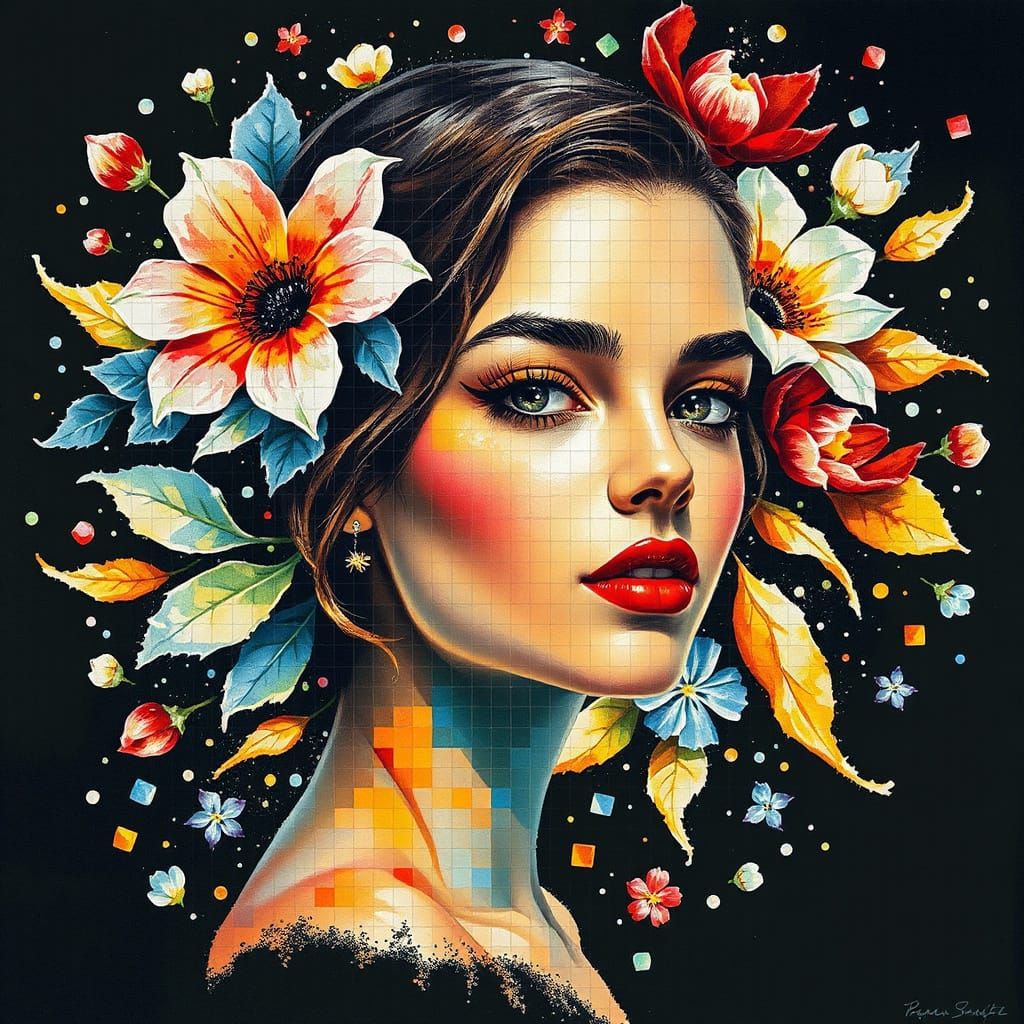 Vibrant Mosaic Portrait in Watercolor Style