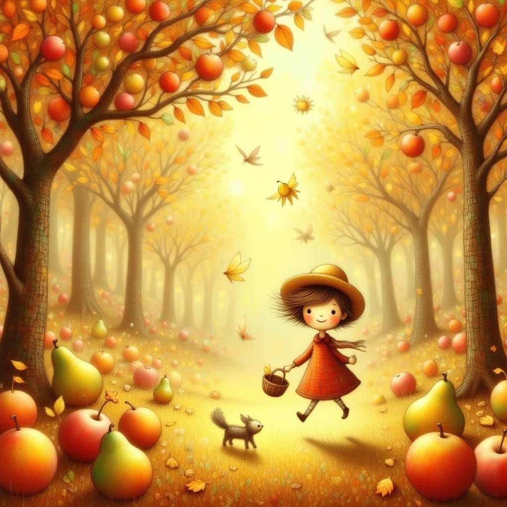 Golden Autumn Orchard Storybook Illustration with Fairies