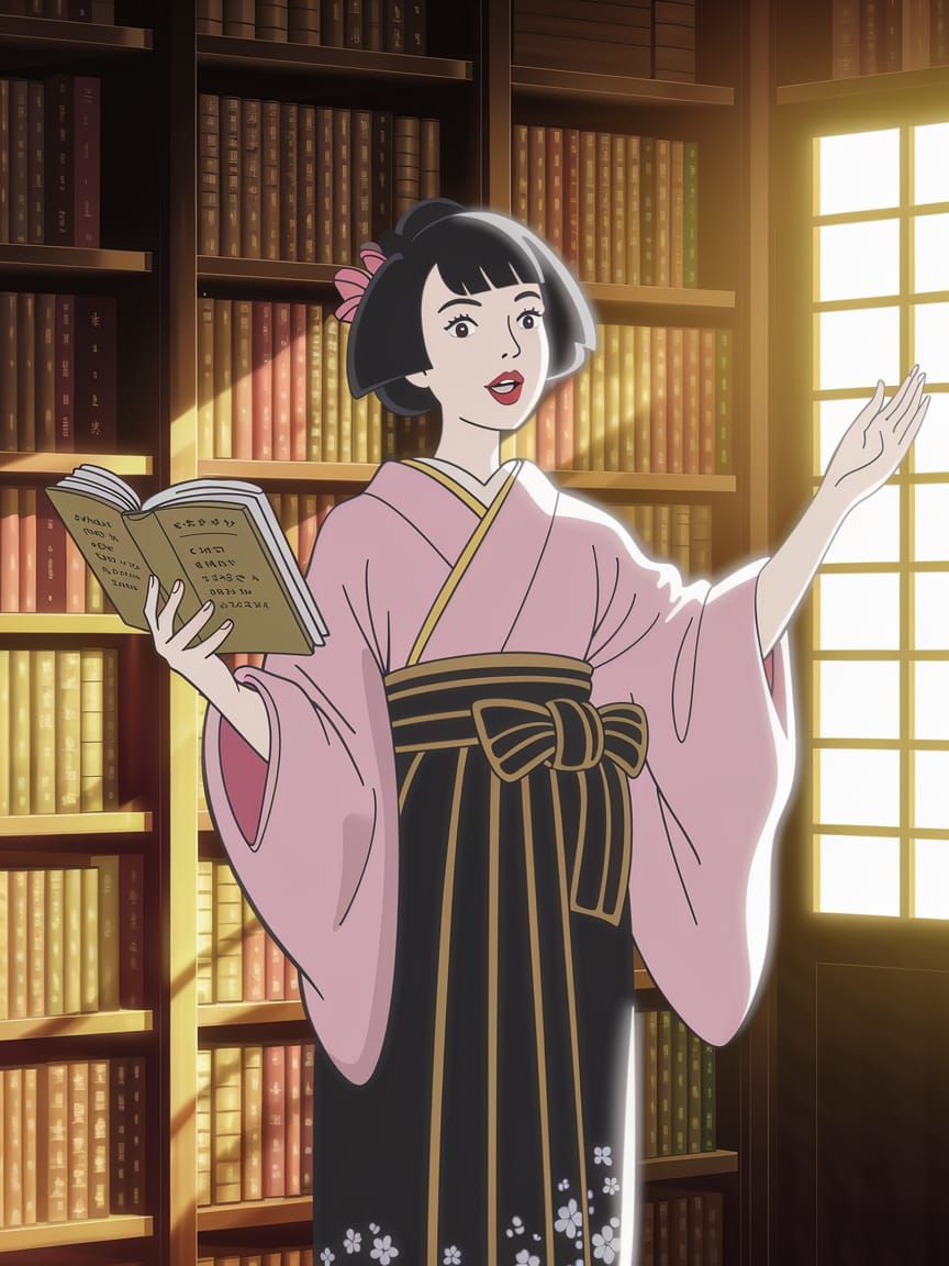 Japanese Woman Dramatically Reading in Library