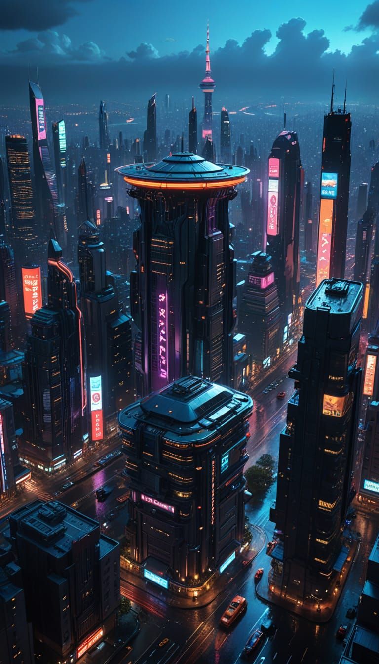 Cyberpunk Cityscape at Night with Neon Lights & Flying Cars