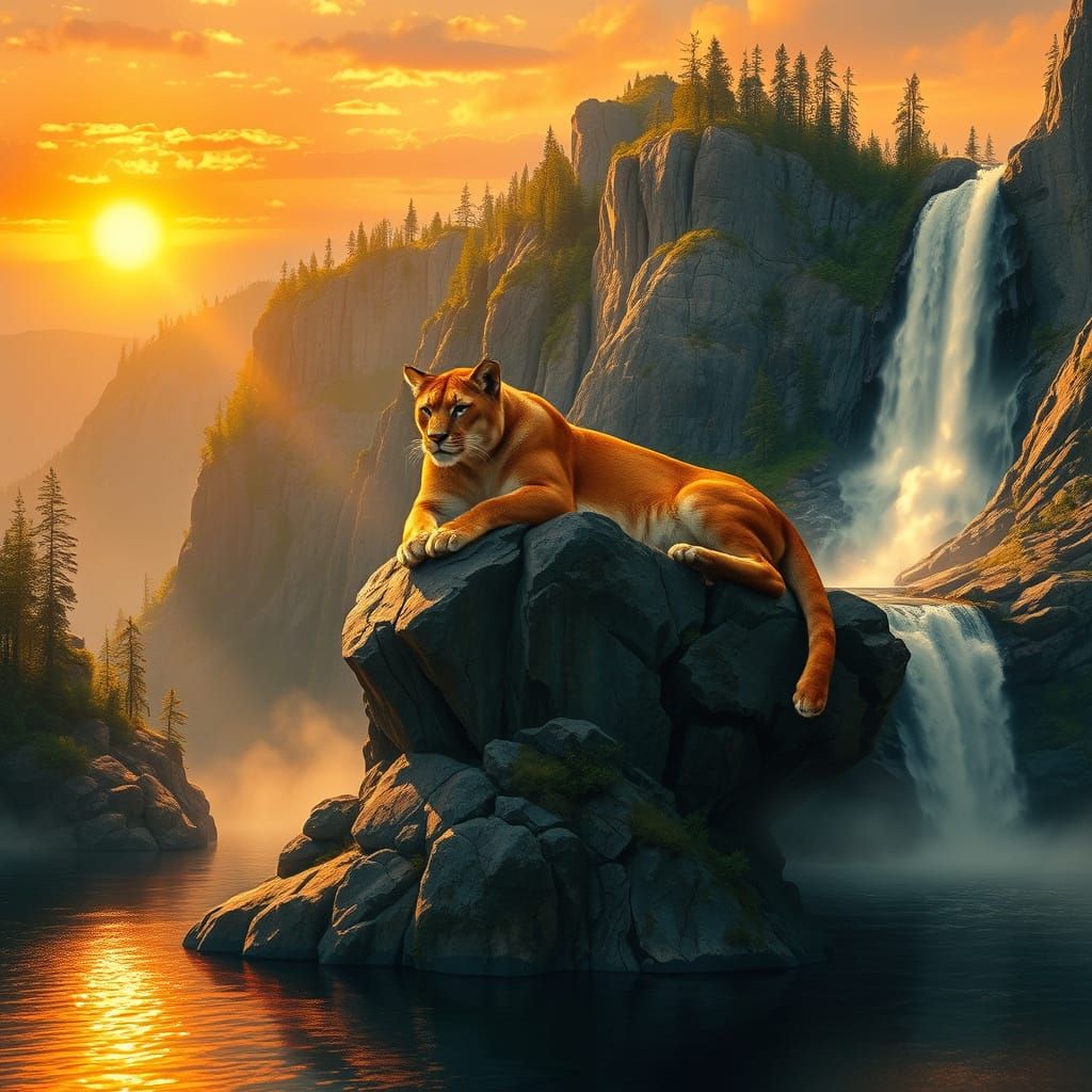 Majestic Mountain Lion in a Serene Sundawn Landscape