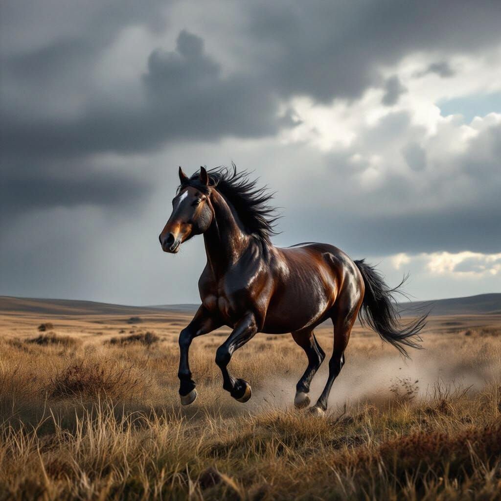 Majestic Horse Gallops Across Desolate Moor