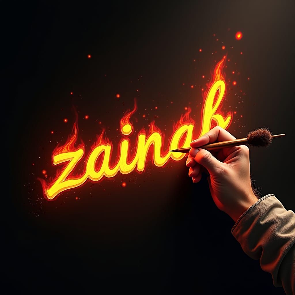 Fiery Calligraphy: An Artist's Hand Inscribing Zainab