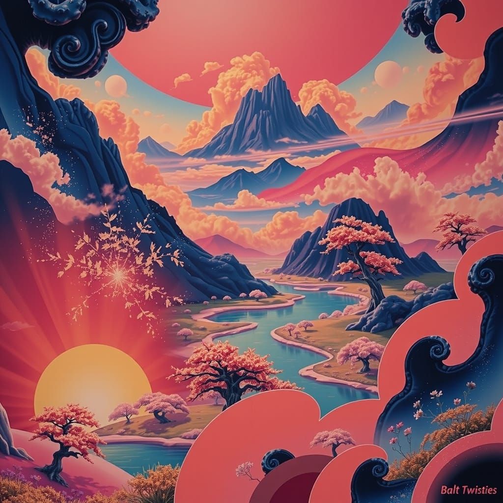 Vibrant Green Field Under Azure Sky with Gilded Trees