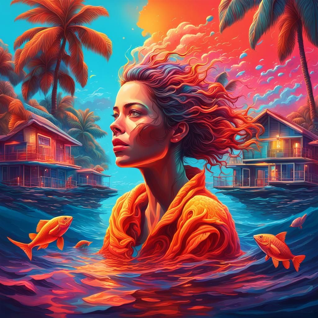 Woman in Bungalow Views Neon Coral Reef