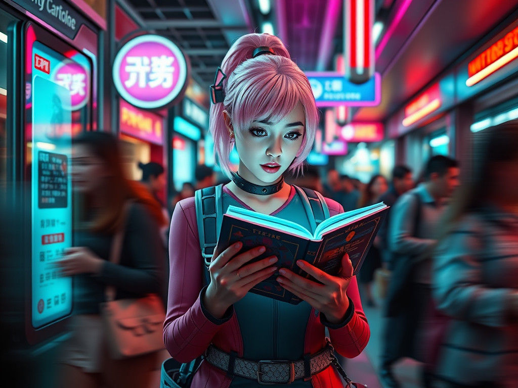 Futuristic Reader Lost in Neon-Lit Crowd