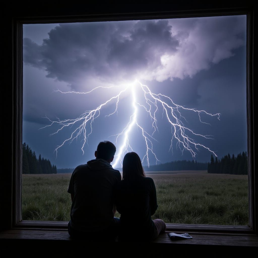 Couple Observes Colorful Lightning Storm from Cabin Window