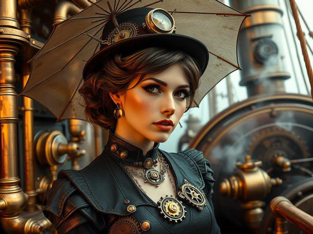 Steampunk Lady on Nautilus Deck: Hyperrealistic Concept Art