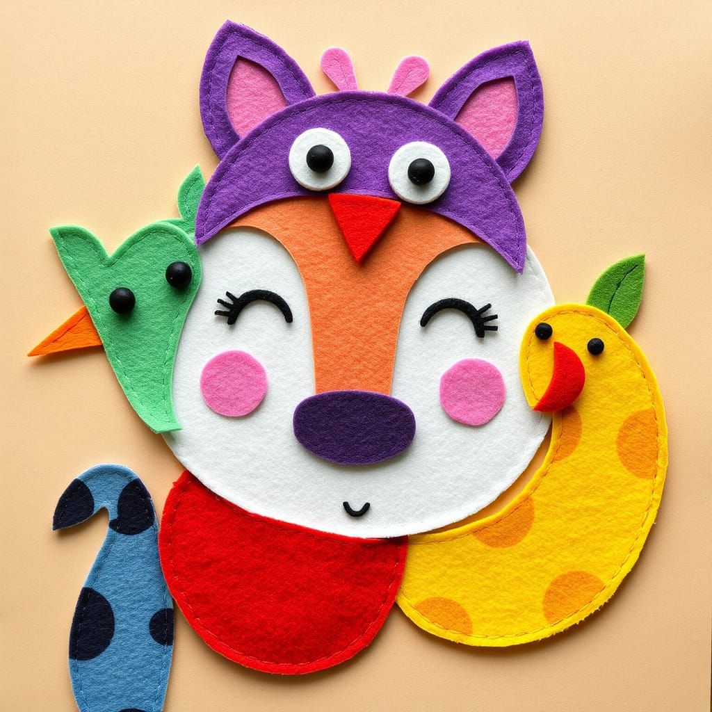 Colorful Felt Collage Art: Playful Animals and Whimsical Sce...