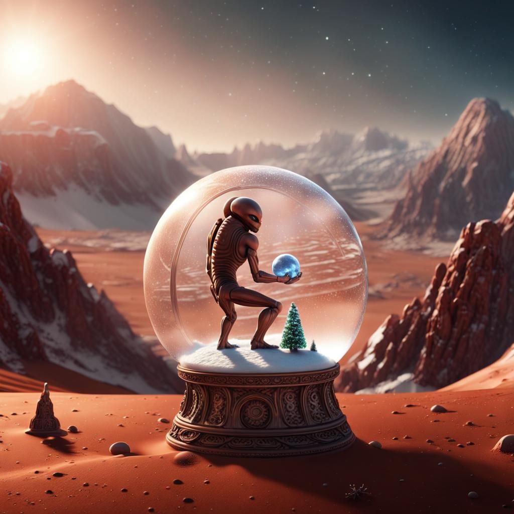Epic Christmas on Mars: Alien Holds Snow Globe Amidst Vibran...