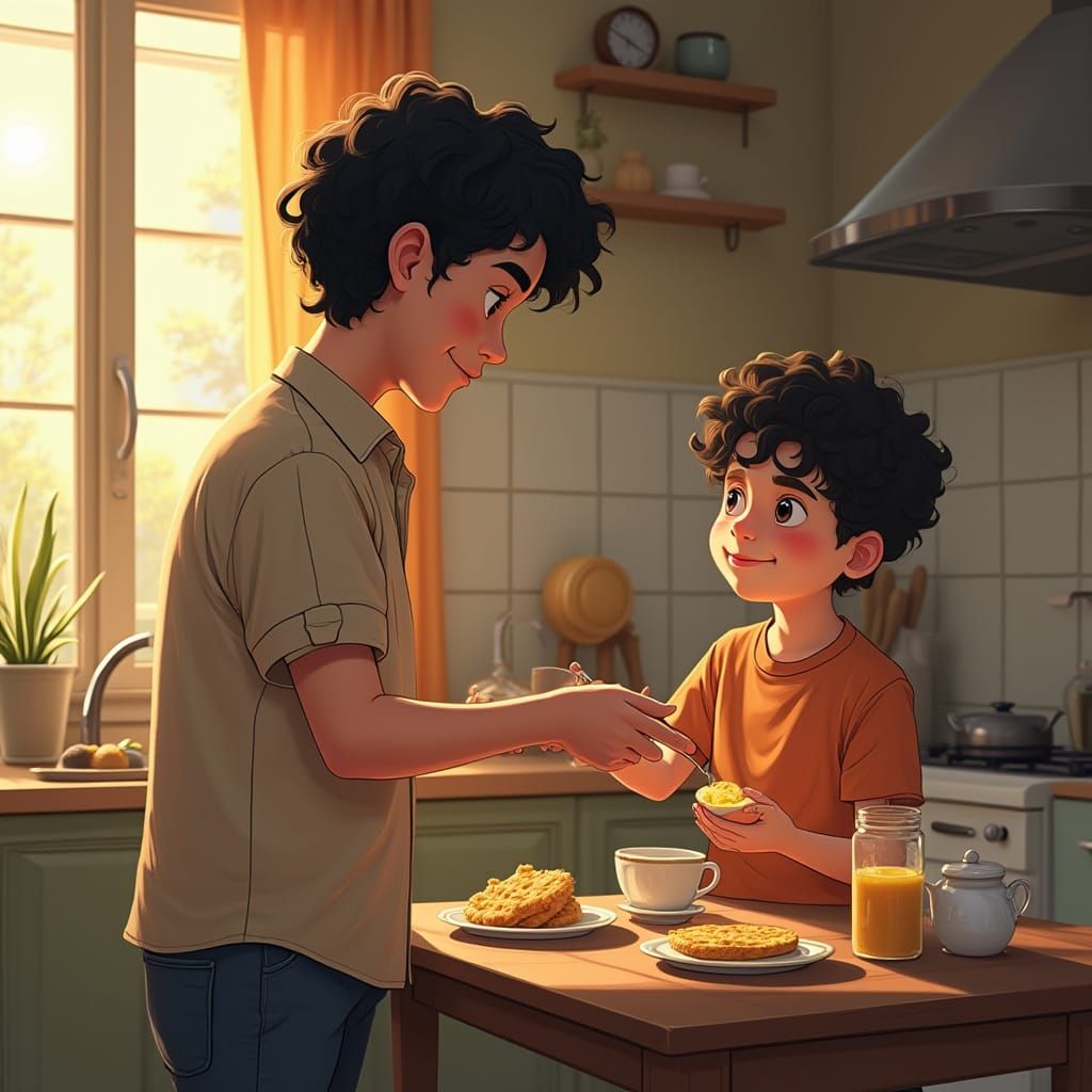 Hyperrealistic Portrait of a Young Man Serving Breakfast