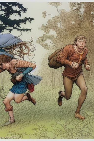 Watercolor Fantasy: Students Running Through Forest