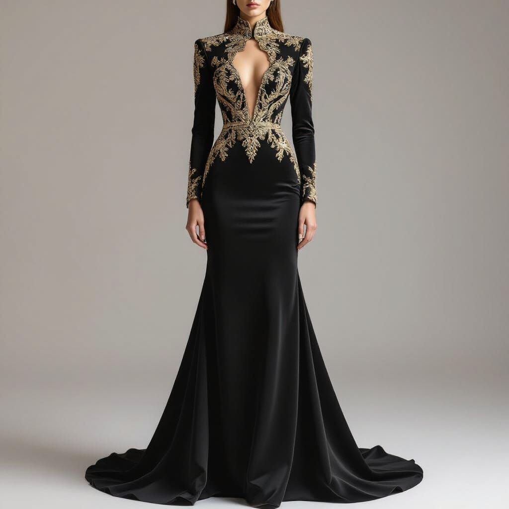 Elegant Black Evening Gown With Gold Embroidery