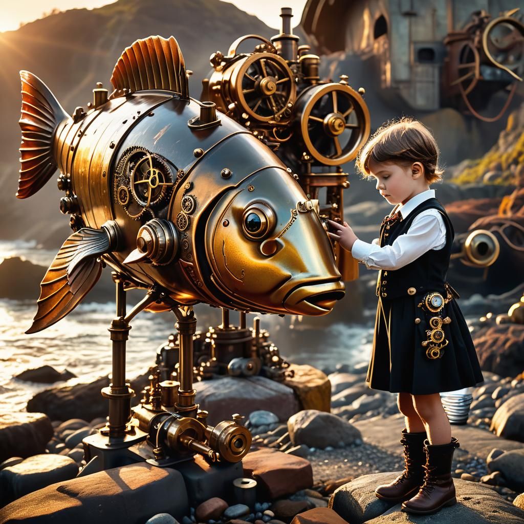 Steampunk Child with Fish on Rocky Coast