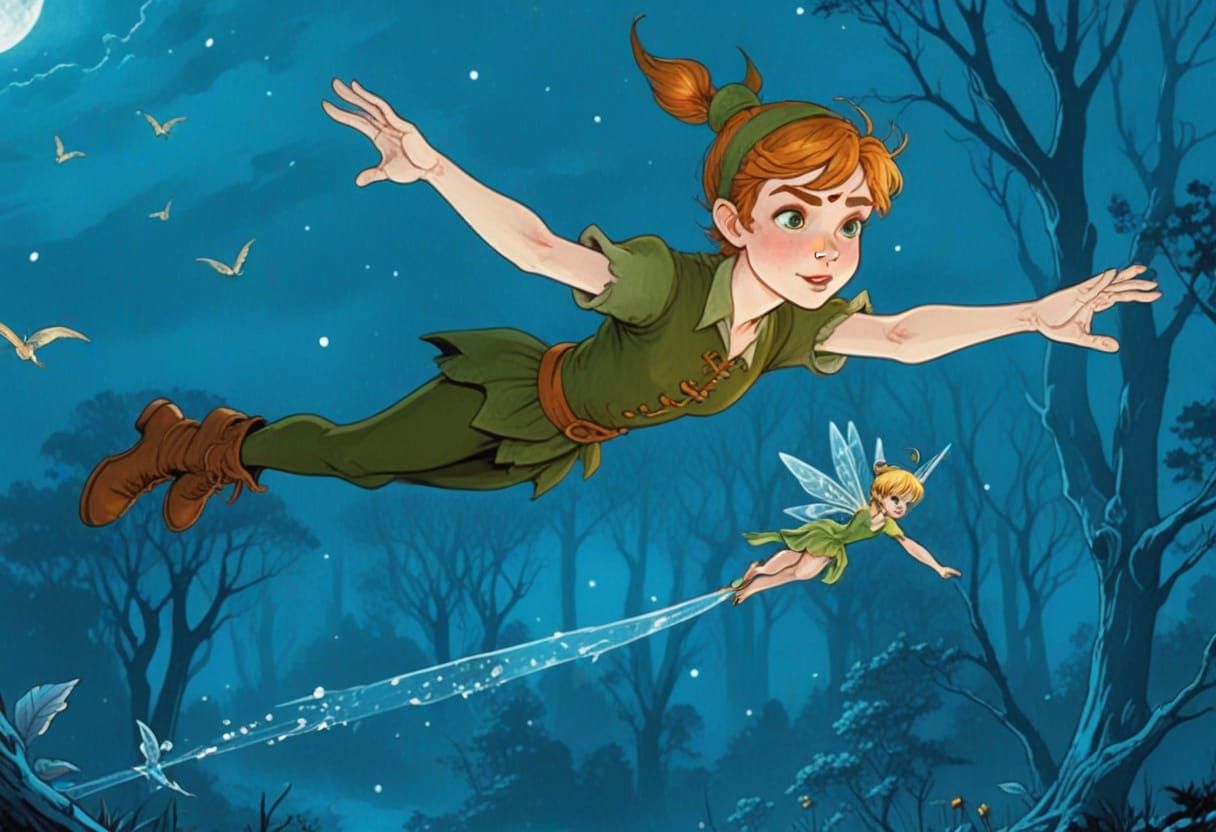 Whimsical Baroque-Inspired Peter Pan and Tinkerbell in a Moo...