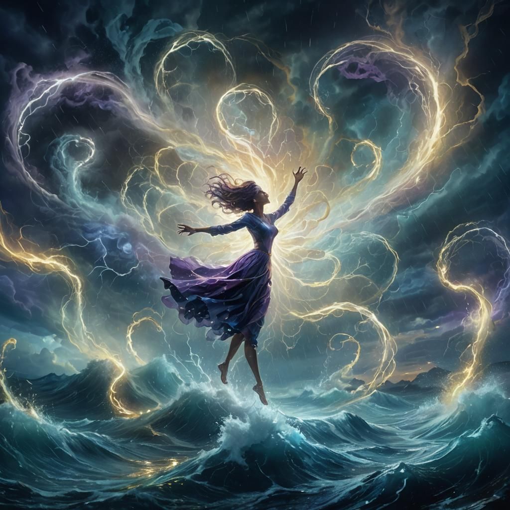 Luminous Figure Dancing in Storm: Surreal Digital Art