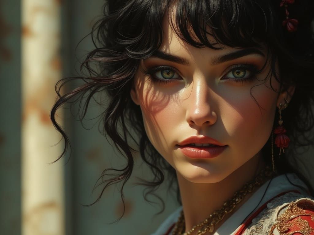 Exotic Woman with Emerald Eyes in Brutalist Style