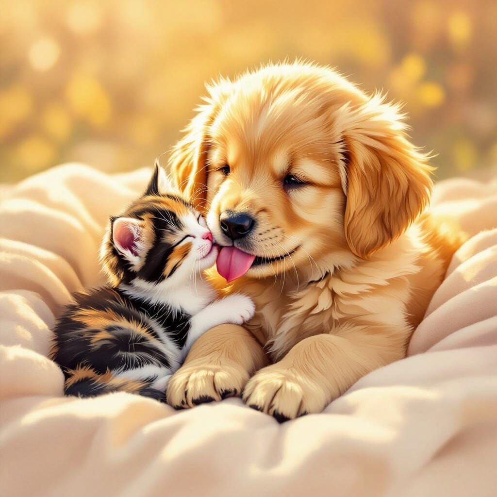 Fluffy Puppy and Kitten Cuddling in Golden Light