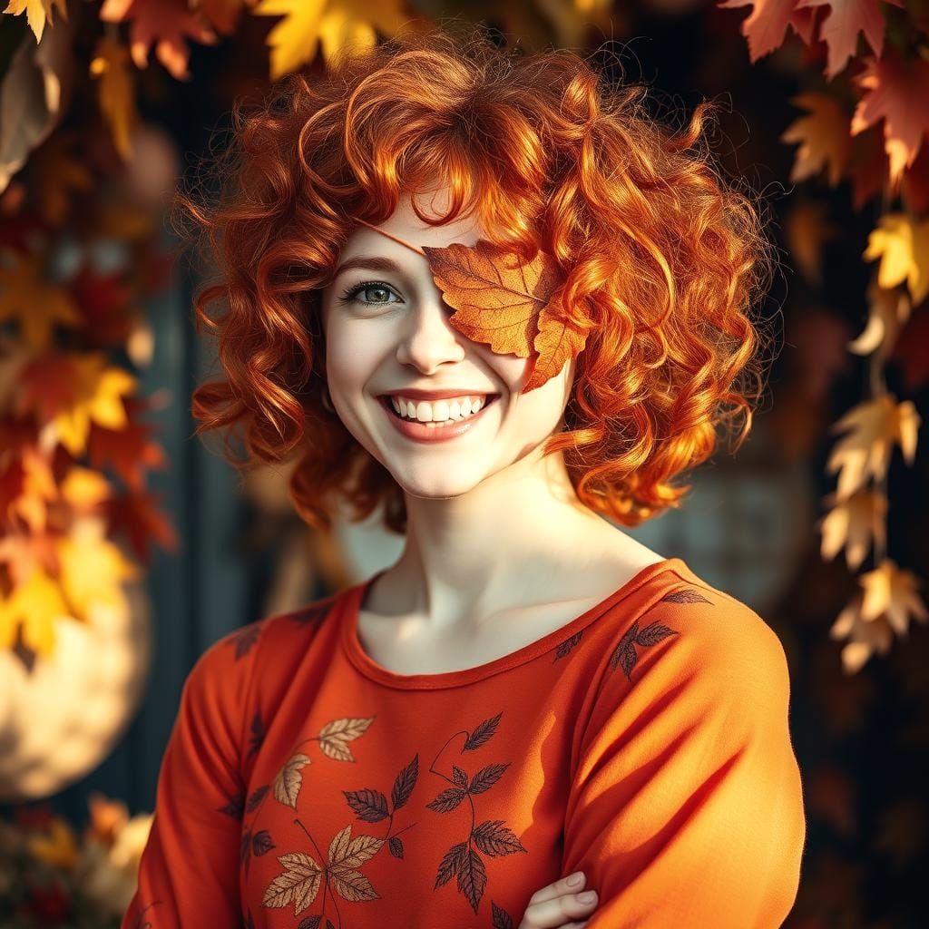 Smiling Woman with Autumn Leaf Eyepatch