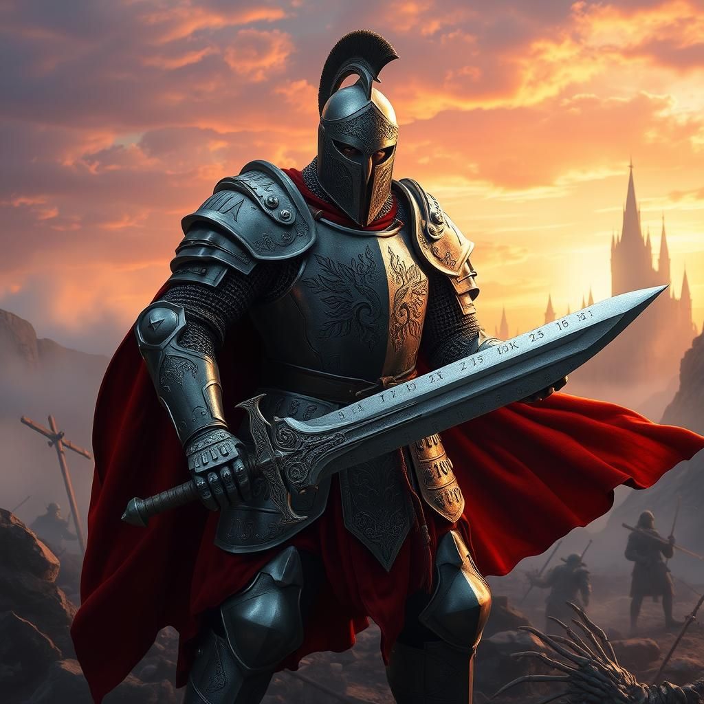Valorous Knight with Magic Sword on Battlefield