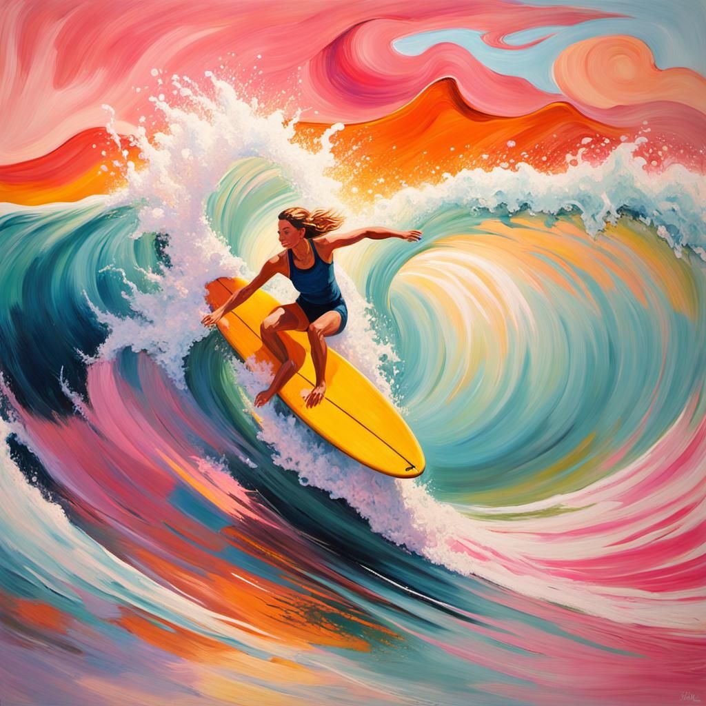 Female Surfer Riding Wave: Fauvist Oil Painting