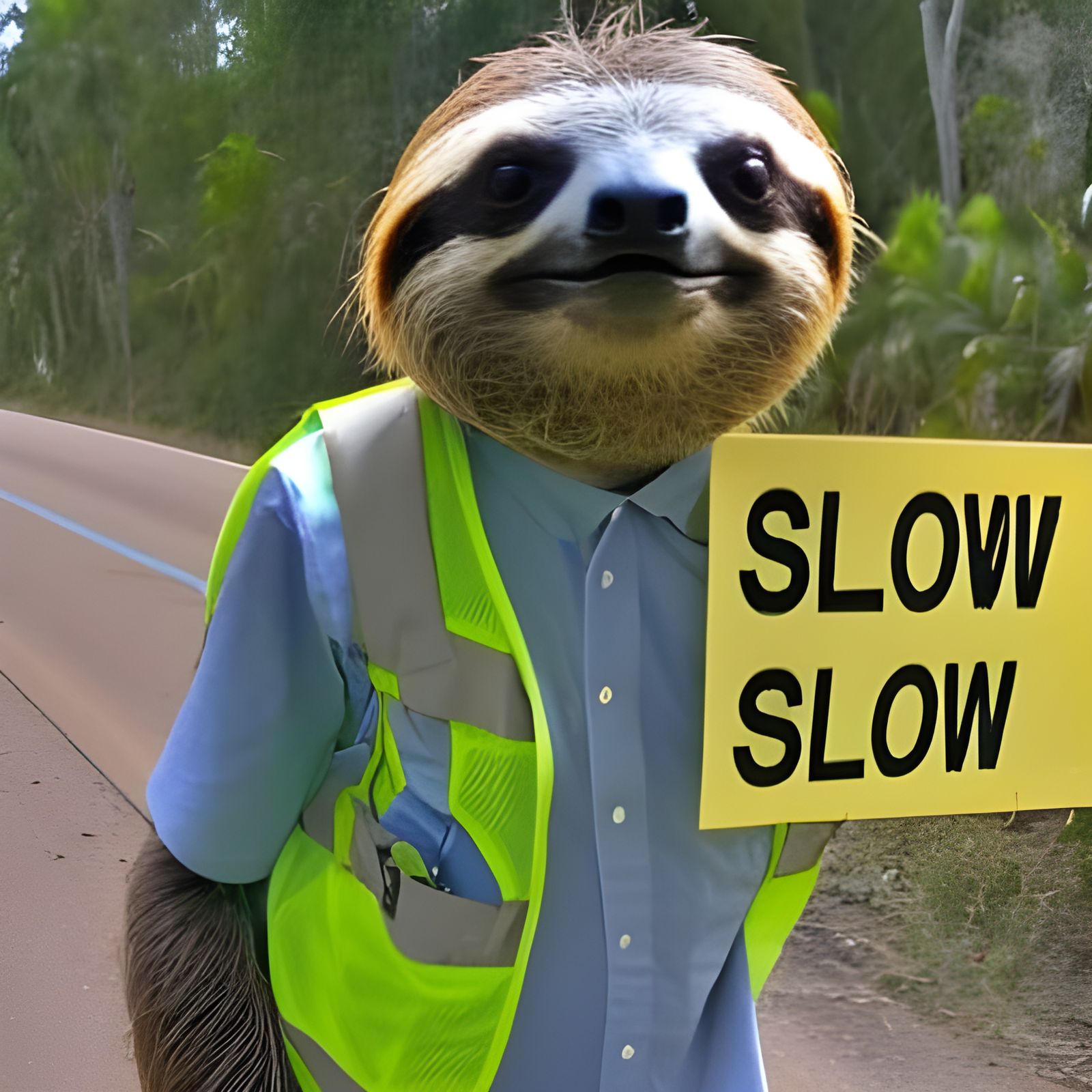 Sloth Road Worker with a Slow Sign
