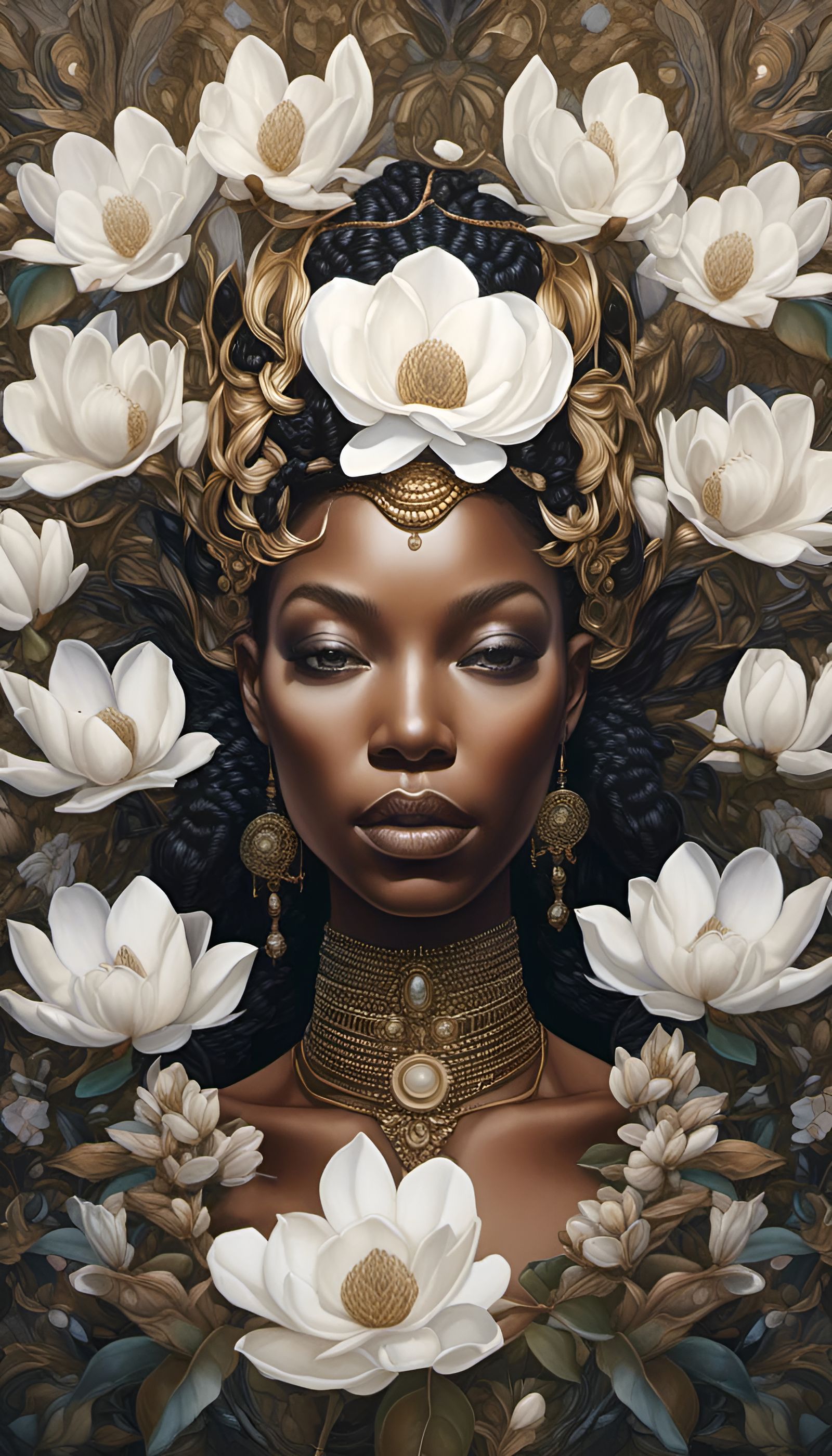 Magnolia Goddess Portrait in Watercolor and Metallic Ink