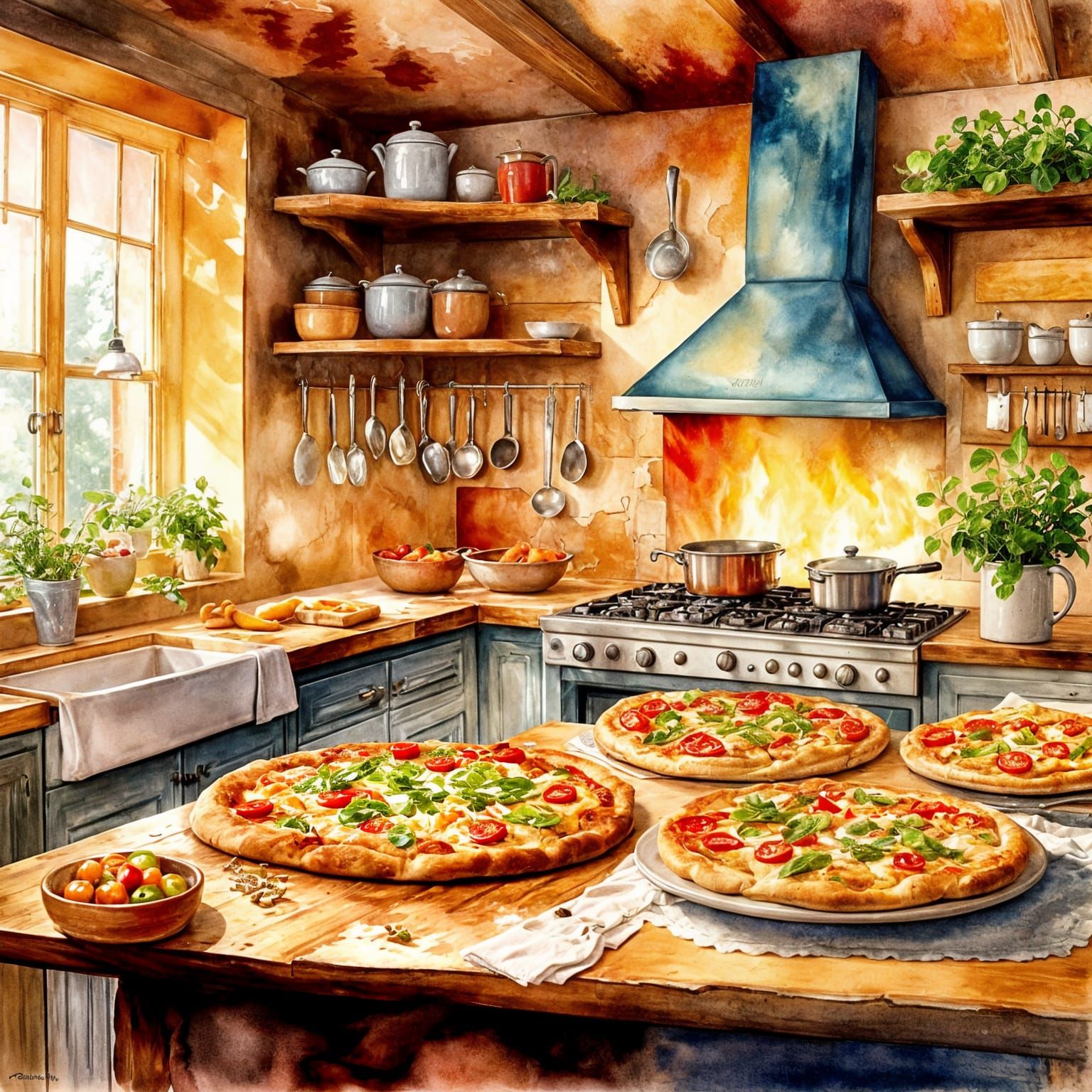 Cozy Kitchen Watercolor: Homemade Square Pizzas