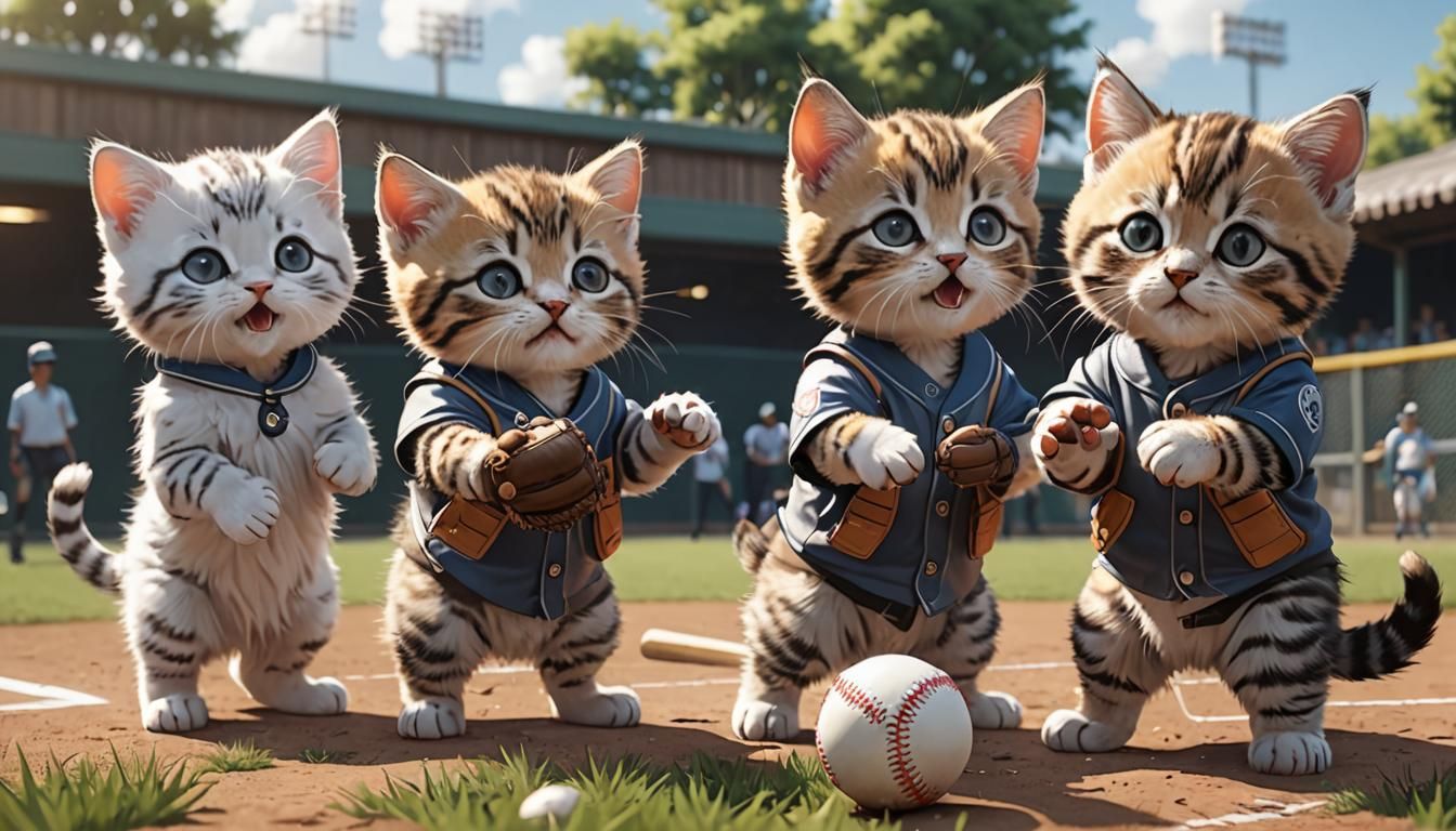 Kittens Playing Baseball in Anime Style