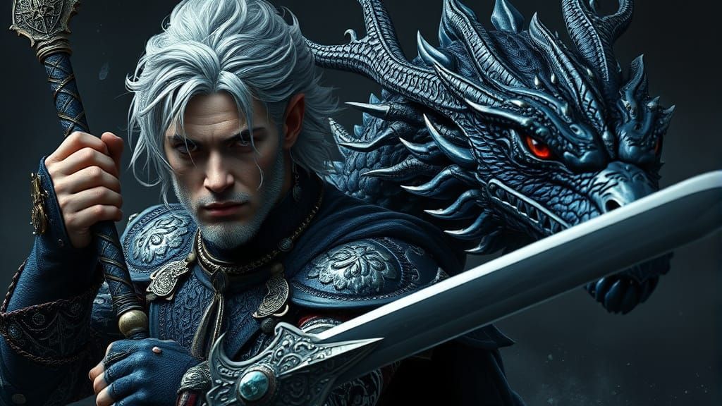 Fae Warrior and Dragon in Norse Landscape