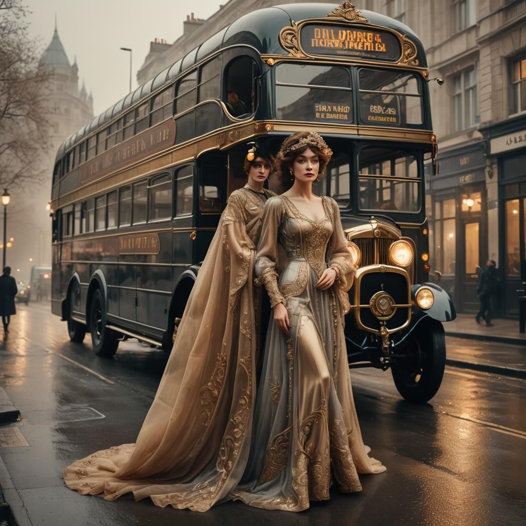Art Nouveau Woman with London Bus in Fog
