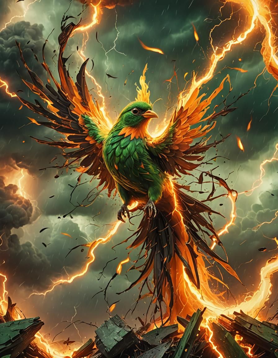 Duolingo Bird in Surrealist Fiery Tornado