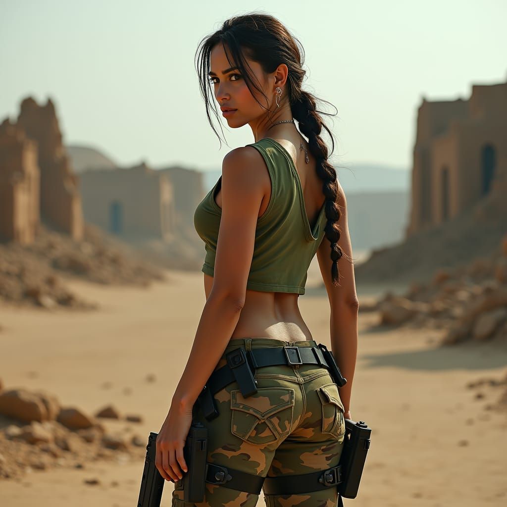 Lara Croft in Dystopian Wasteland: Post-Apocalyptic Portrait