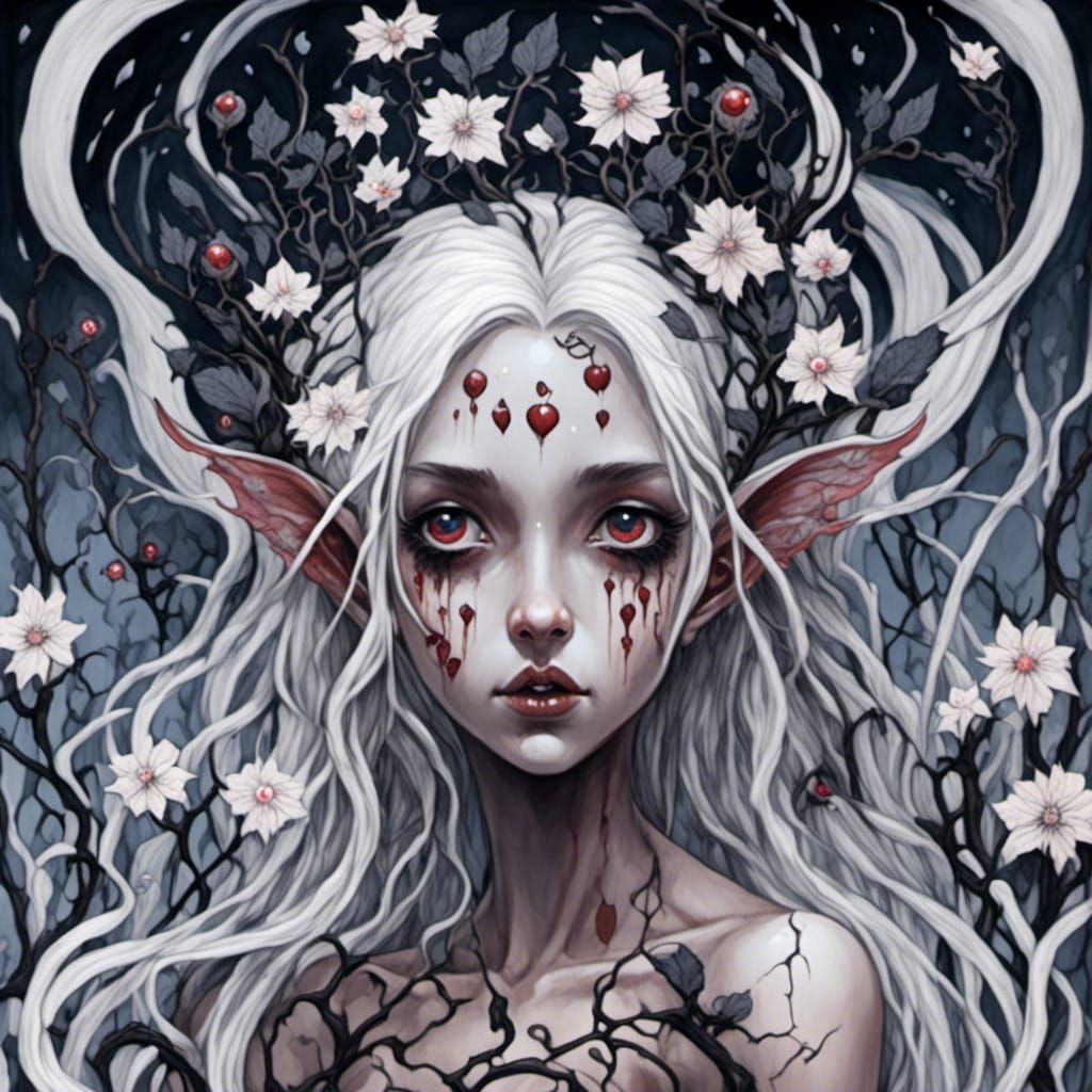 Onyx Elf with Bioluminescent Flowers, Dark Fantasy Art