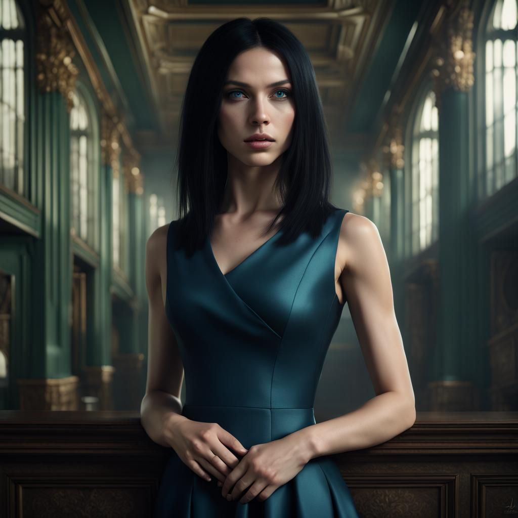 Young Woman in Navy Dress: Fantasy Concept Art