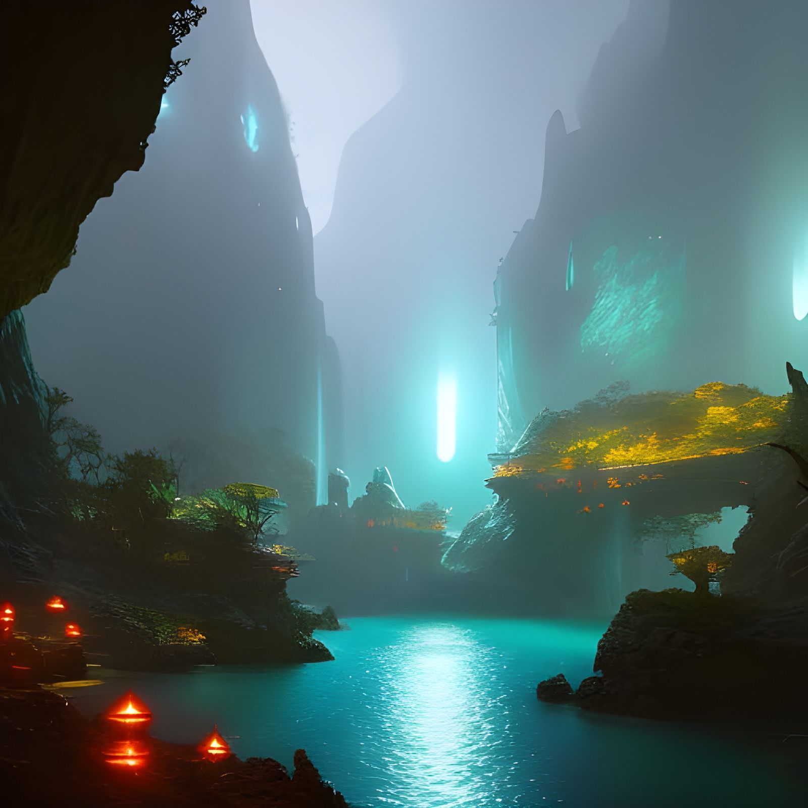 Bioluminescent Cave Concept Art in Art Nouveau Style