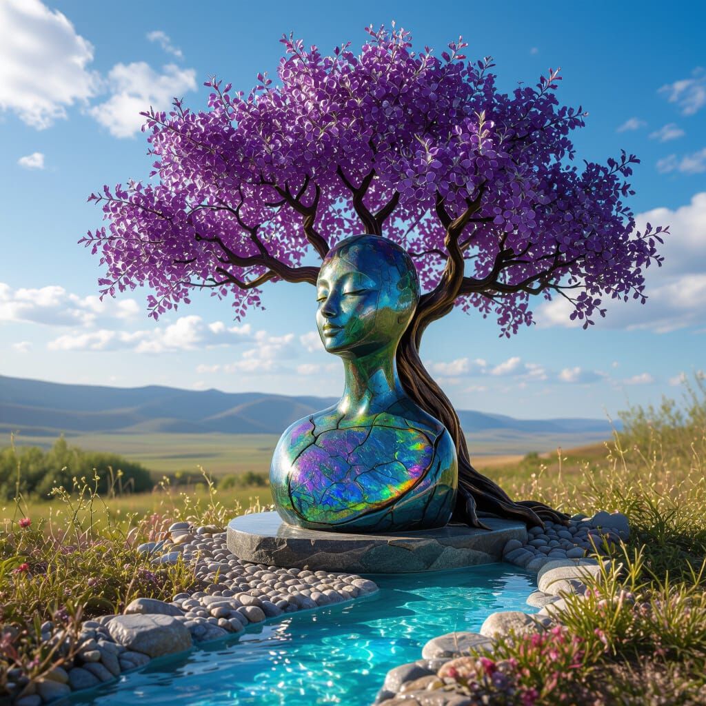 Ammolite Statue Under Plum Tree With Labradorite River