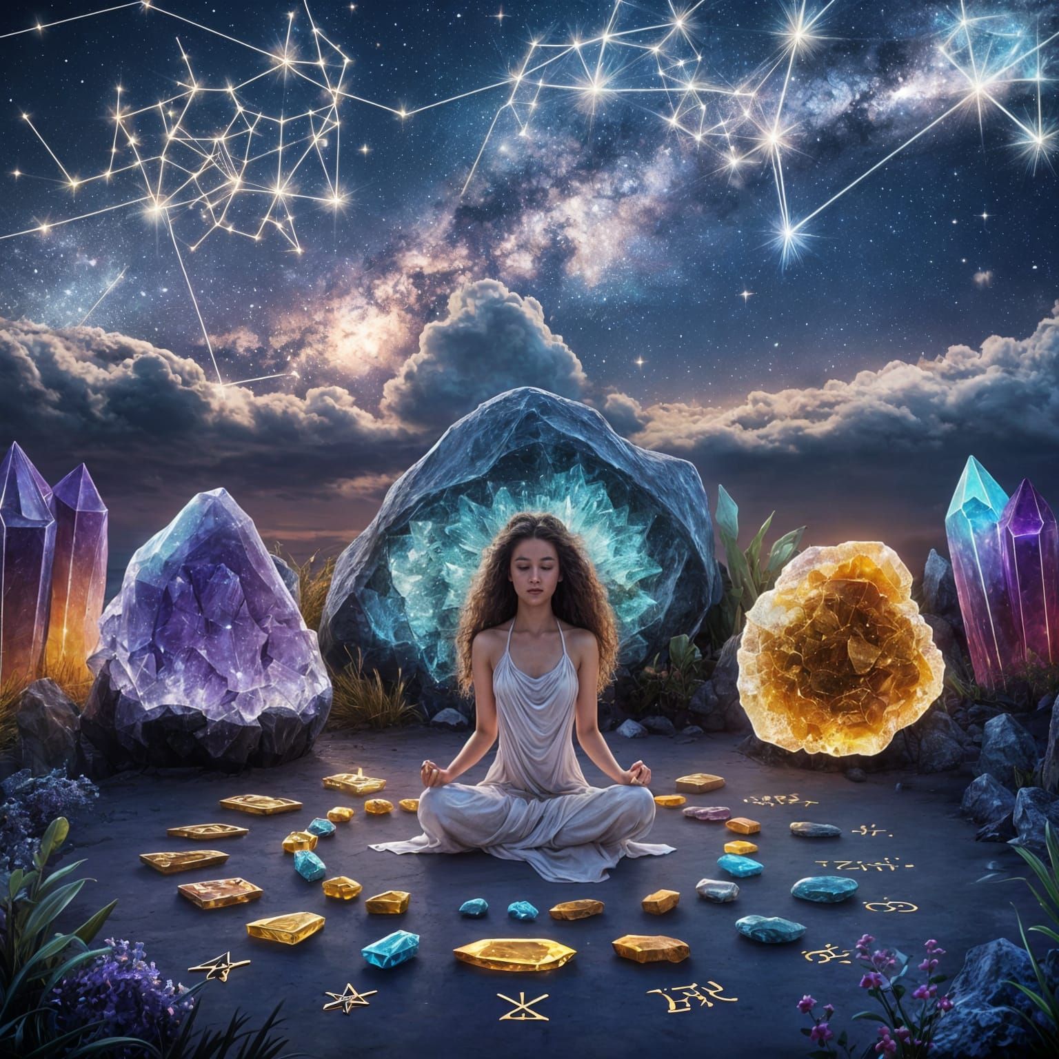Celestial Meditation: Woman Under Starry Night Sky