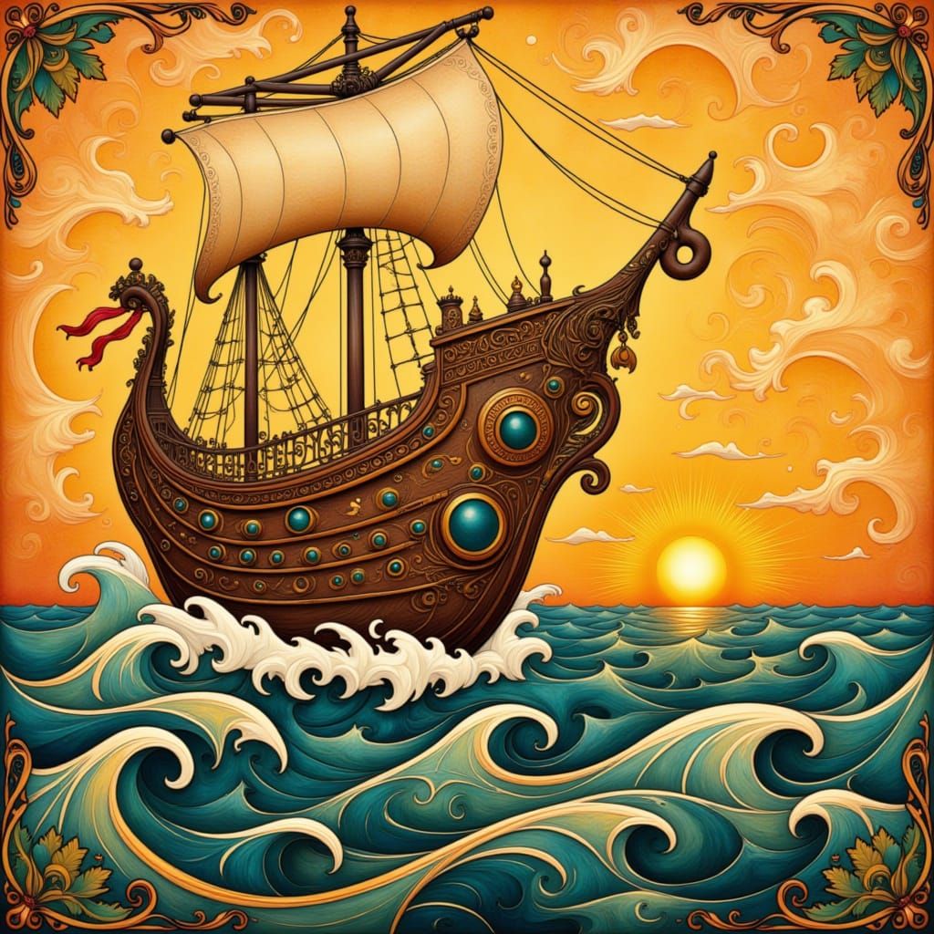 Vibrant Folk Art Ship Sails Golden Sunset Ocean