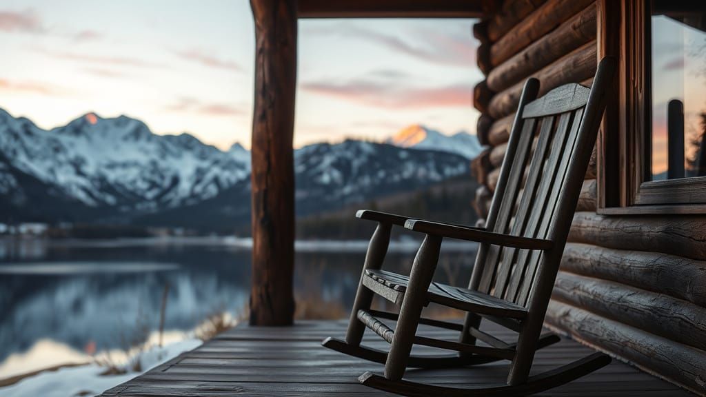 Rustic Cabin Rocking Chair at Alpine Lake Sunset