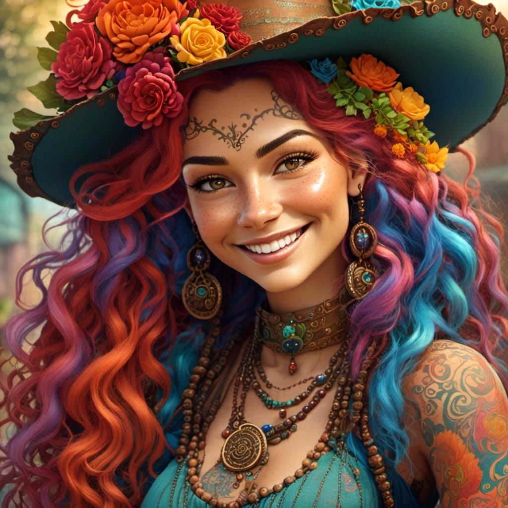 Bohemian Woman with Rainbow Hair, Digital Art