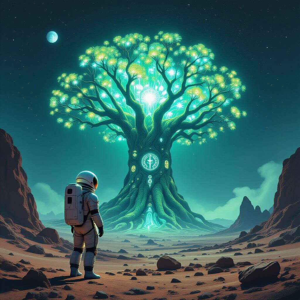Astronaut and Bioluminescent Tree in Surreal Landscape