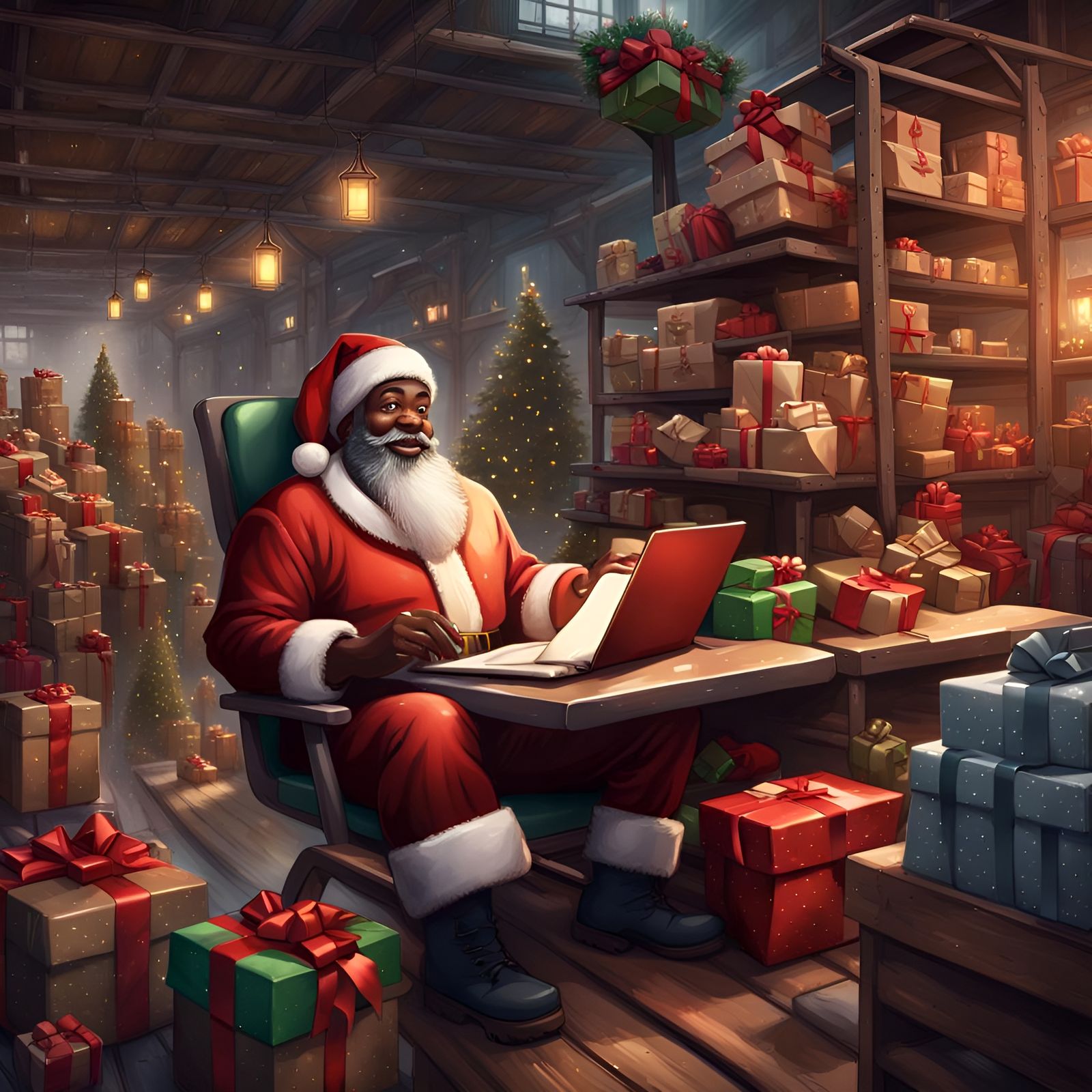 Black Santa Claus Overseeing Gift Factory, Detailed Matte Pa...