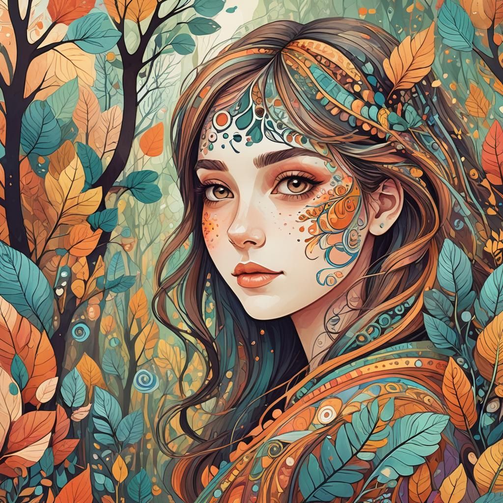 Happy Girl Paints Forest in Warm Vector Art