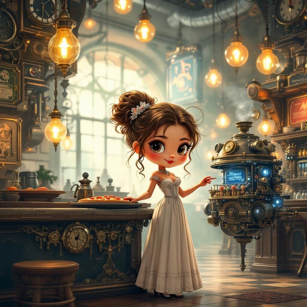 Steampunk Pizzeria Scene with Chibi Pizza Waitress