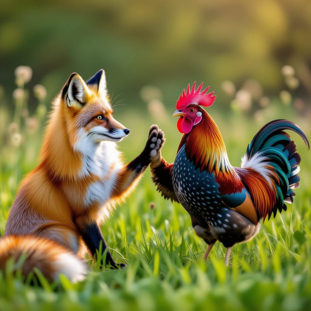 Fox and Rooster High Five in Lush Meadow