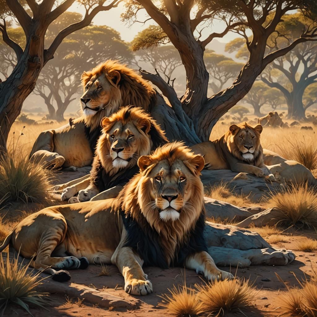 Lion and Pride Resting in Golden Savanna