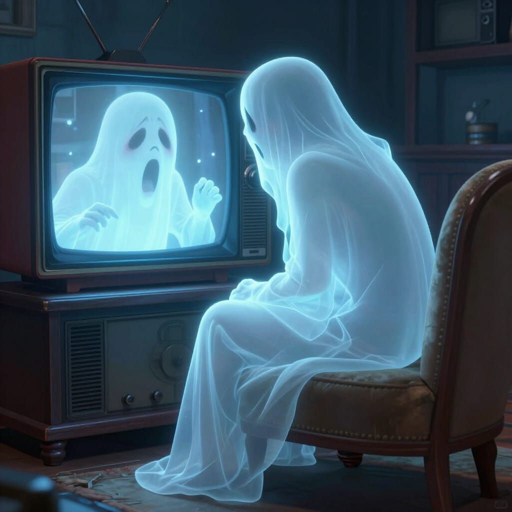 Ghost Watching Scary Movie in 3D Anime Style