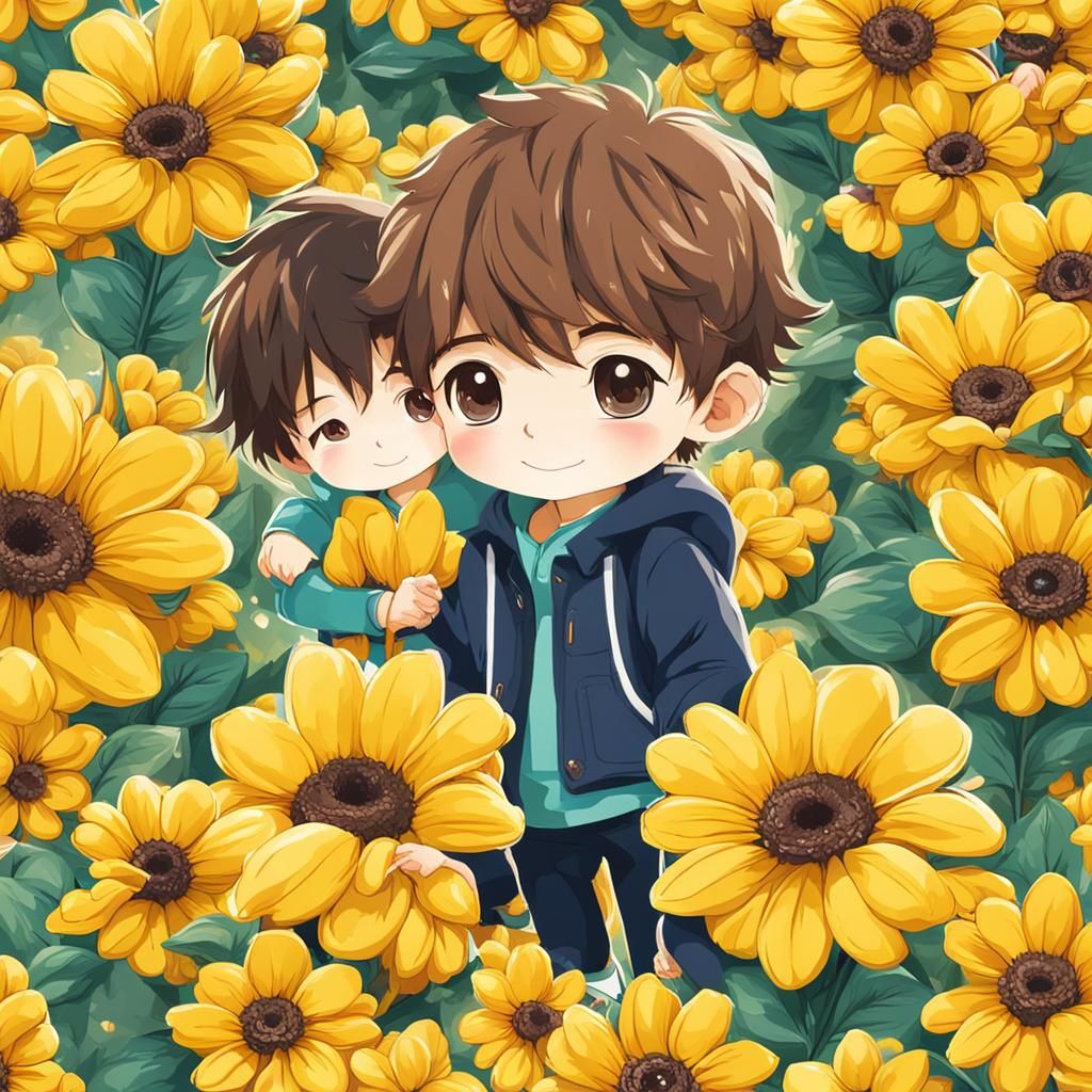 Boy with Yellow Flowers, Bright and Cheerful